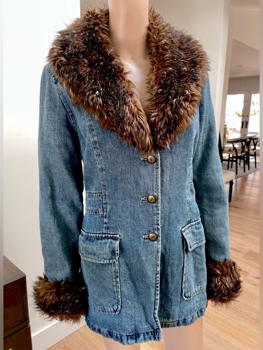 Vtg GIACCA Penny Lane Y2K Faux Fur Denim Coat Jacket Size L Old Money Mobwife